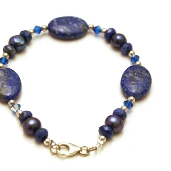 Handcrafted Lapis Lazuli Gemstone Bracelet & Earring Set With Sterling Silver - Picture 3 of 10